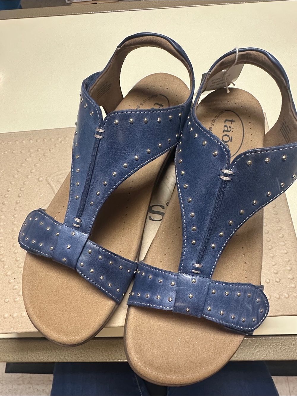 Taos Show Stopper Dark Blue Studded T-strap Slingback Sandals